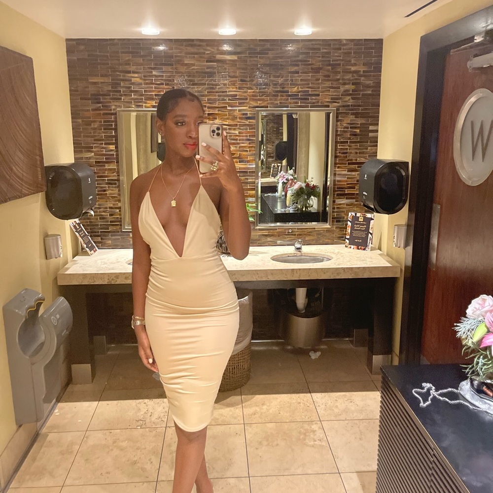 Meshki Nude Chain Deep V Dress